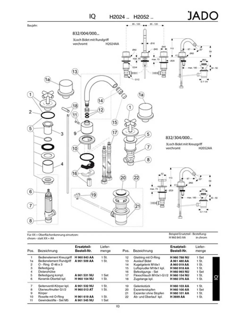 Technisches Diagramm für JADO Bidet mit Rund- und Kreuzgriff. Enthält Teile und Bestellnummern für die Montage und Ersatzteilübersicht. Ideal Standard zur Referenz verwendet.